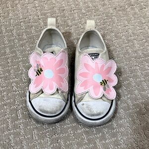 Converse Kids White Slip-On Sneakers with Pink Flower & Bee Accents
